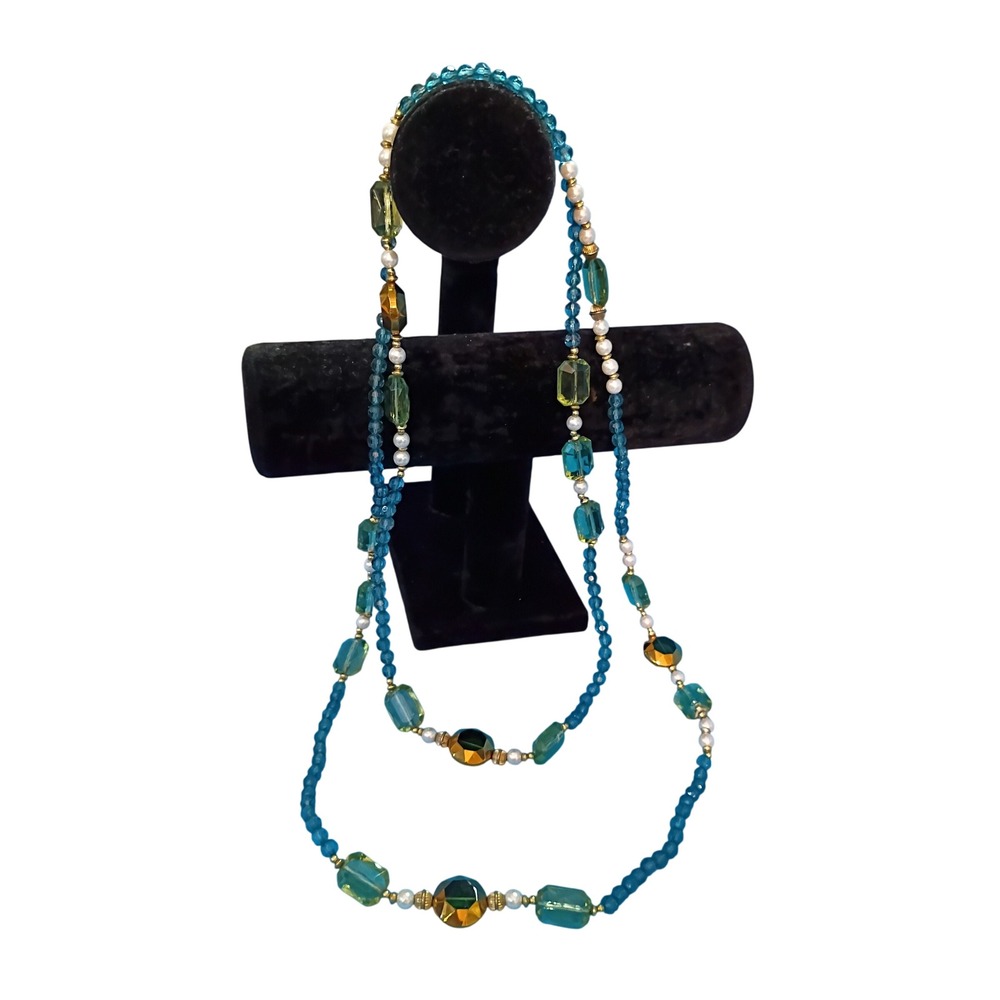 Long Beaded Station Necklace Teal Green Amber Glass Crystal Faux Pearl Gold Tone